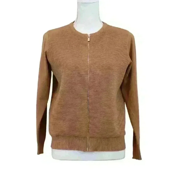 Light Brown Zip Up Crew Neck Long Sleeve Zip Up Lightweight Cardigan Sweater - Picture 1 of 5